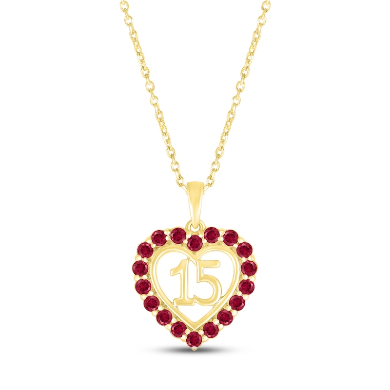 Main Image 1 of Lab-Created Ruby Quinceañera Heart Necklace 10K Yellow Gold 18&quot;