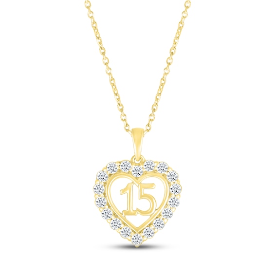 White Lab-Created Sapphire Quinceañera Heart Necklace 10K Yellow Gold 18"