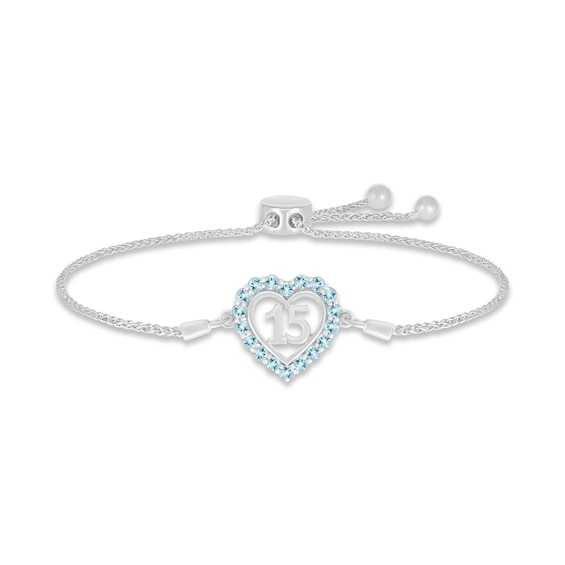 Aquamarine Quinceañera Heart Bolo Bracelet Sterling Silver 9.5"