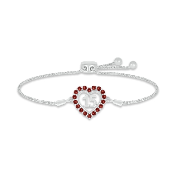 Garnet Quinceañera Heart Bolo Bracelet Sterling Silver 9.5"