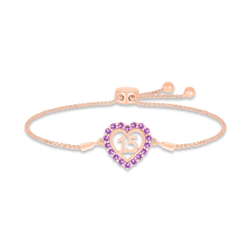 Main Image 1 of Amethyst Quinceañera Heart Bolo Bracelet 10K Rose Gold 9.5&quot;
