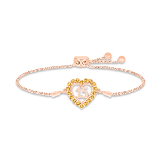 Citrine Quinceañera Heart Bolo Bracelet 10K Rose Gold 9.5"