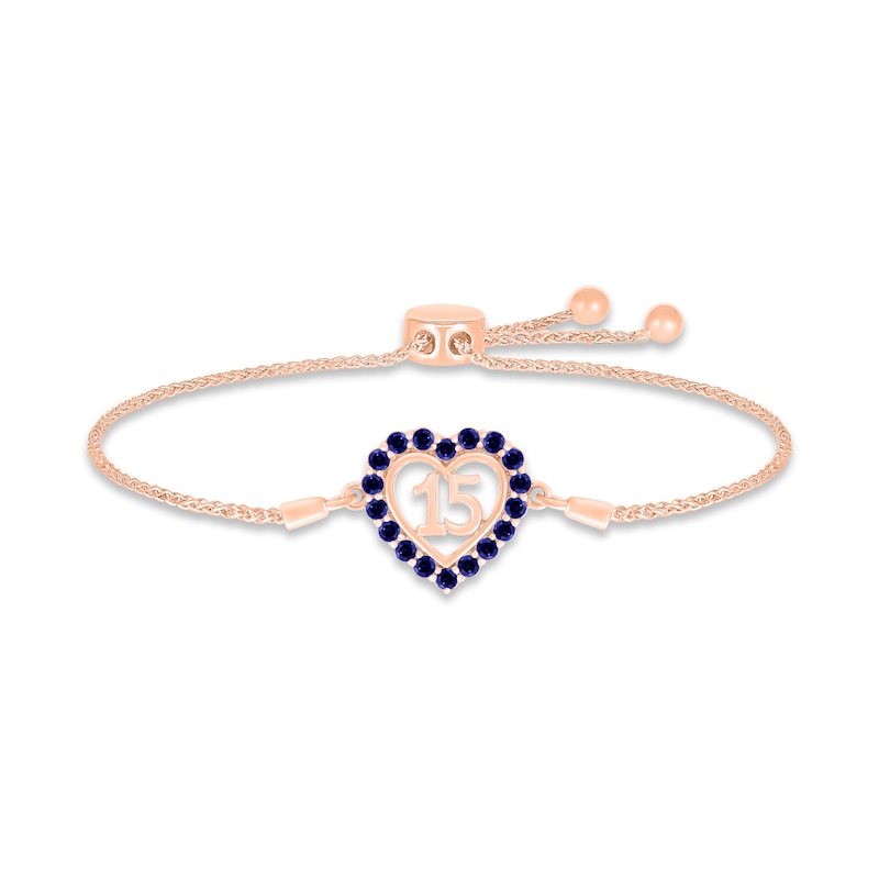 Blue Lab-Created Sapphire Quinceañera Heart Bolo Bracelet 10K Rose Gold 9.5"