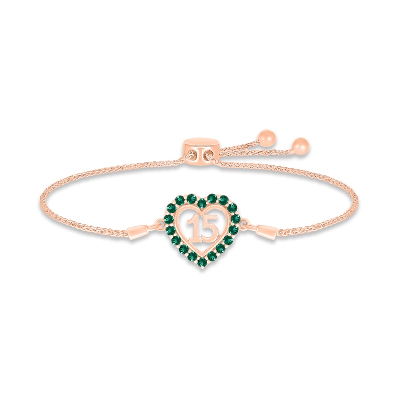 Main Image 1 of Lab-Created Emerald Quinceañera Heart Bolo Bracelet 10K Rose Gold 9.5&quot;