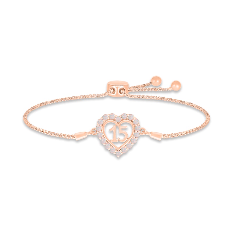 Main Image 1 of Lab-Created Opal Quinceañera Heart Bolo Bracelet 10K Rose Gold 9.5&quot;