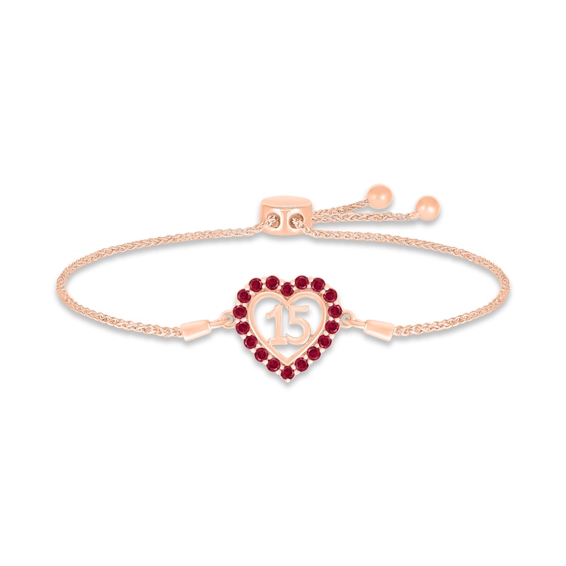 Lab-Created Ruby Quinceañera Heart Bolo Bracelet 10K Rose Gold 9.5"