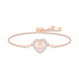 White Lab-Created Sapphire Quinceañera Heart Bolo Bracelet 10K Rose Gold 9.5"