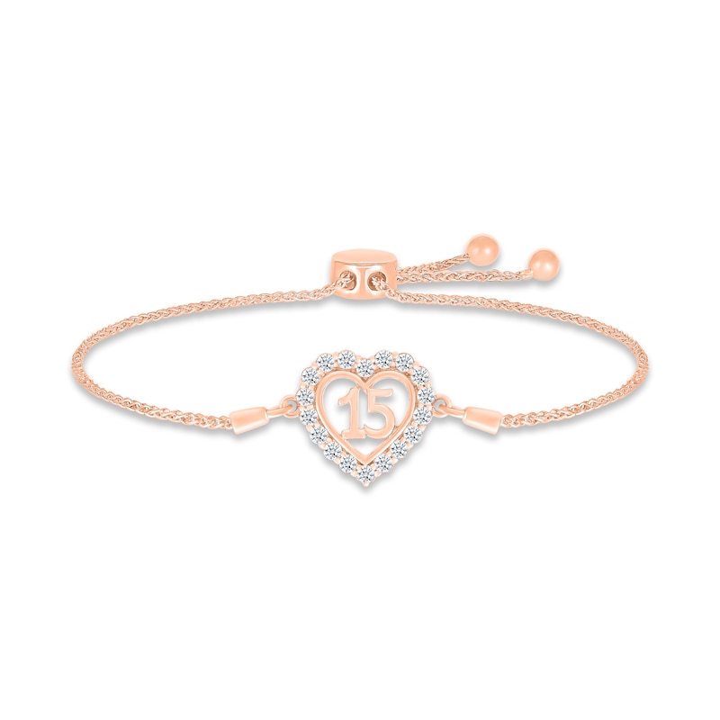 Main Image 1 of White Lab-Created Sapphire Quinceañera Heart Bolo Bracelet 10K Rose Gold 9.5&quot;