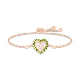 Peridot Quinceañera Heart Bolo Bracelet 10K Rose Gold 9.5"