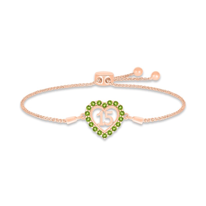 Main Image 1 of Peridot Quinceañera Heart Bolo Bracelet 10K Rose Gold 9.5&quot;