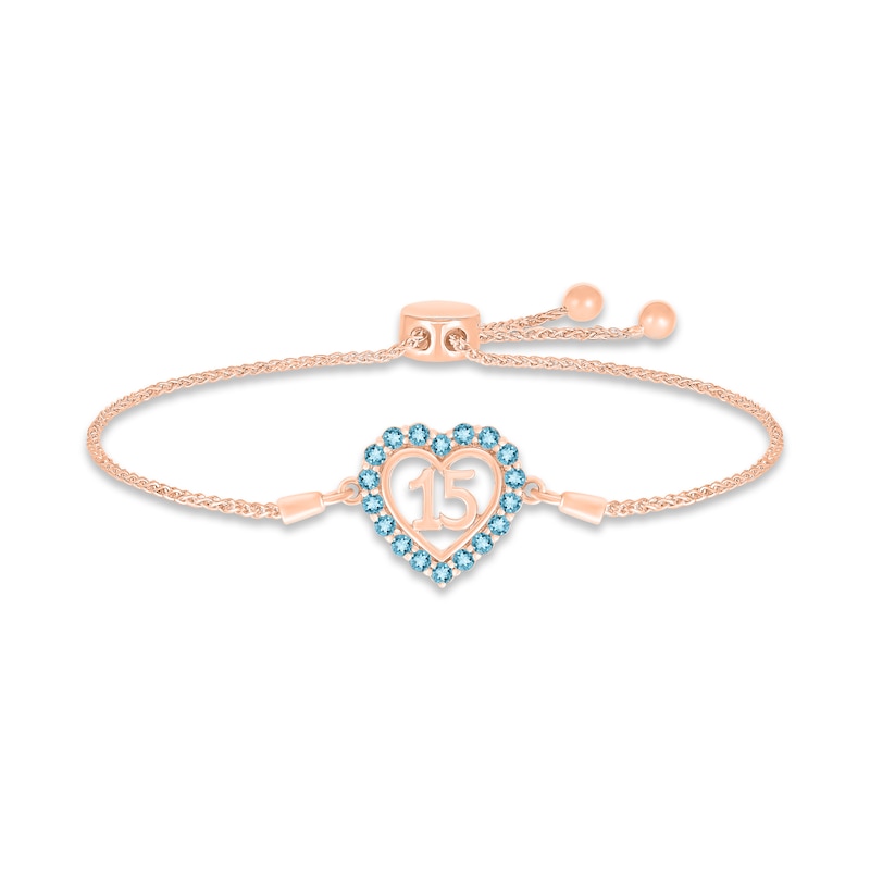 Main Image 1 of Swiss Blue Topaz Quinceañera Heart Bolo Bracelet 10K Rose Gold 9.5&quot;