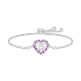 Amethyst Quinceañera Heart Bolo Bracelet 10K White Gold 9.5"