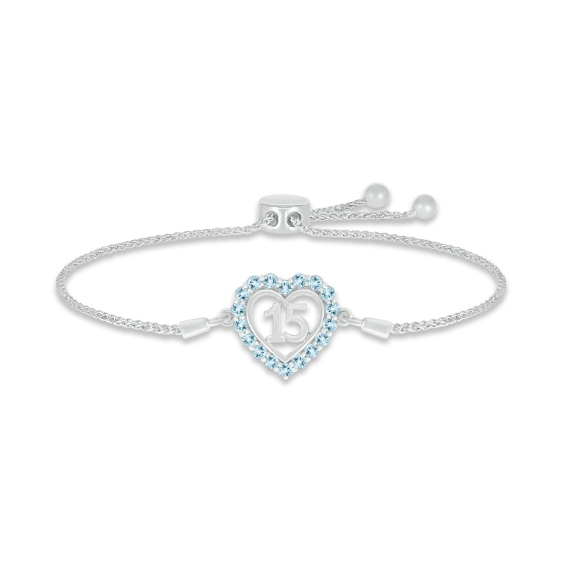 Aquamarine Quinceañera Heart Bolo Bracelet 10K White Gold 9.5"