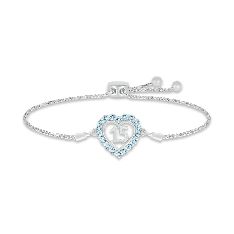 Main Image 1 of Aquamarine Quinceañera Heart Bolo Bracelet 10K White Gold 9.5&quot;