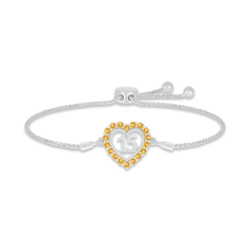 Main Image 1 of Citrine Quinceañera Heart Bolo Bracelet 10K White Gold 9.5&quot;