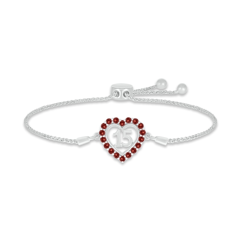 Main Image 1 of Garnet Quinceañera Heart Bolo Bracelet 10K White Gold 9.5&quot;