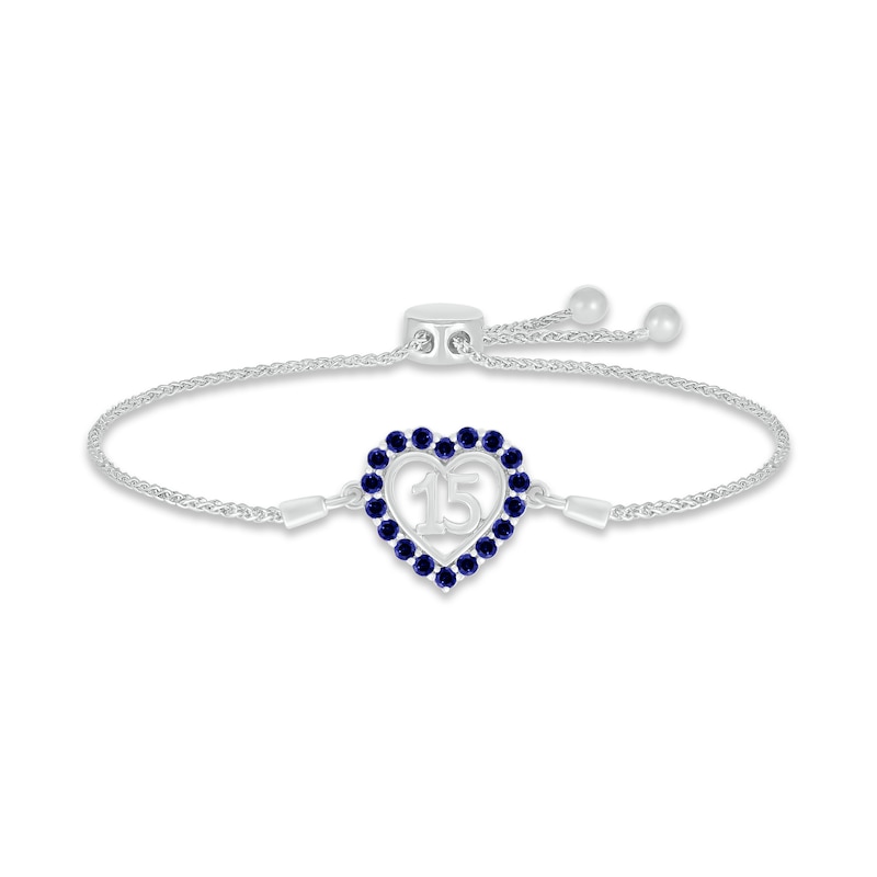 Main Image 1 of Blue Lab-Created Sapphire Quinceañera Heart Bolo Bracelet 10K White Gold 9.5&quot;