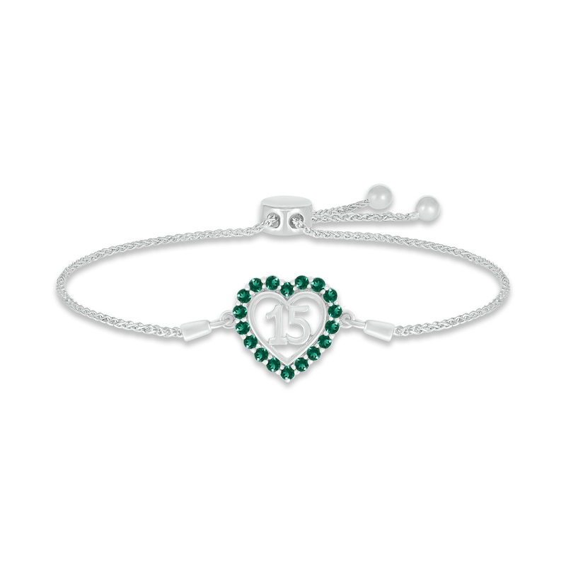 Lab-Created Emerald Quinceañera Heart Bolo Bracelet 10K White Gold 9.5"
