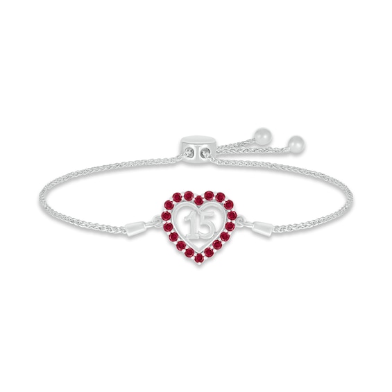 Lab-Created Ruby Quinceañera Heart Bolo Bracelet 10K White Gold 9.5"