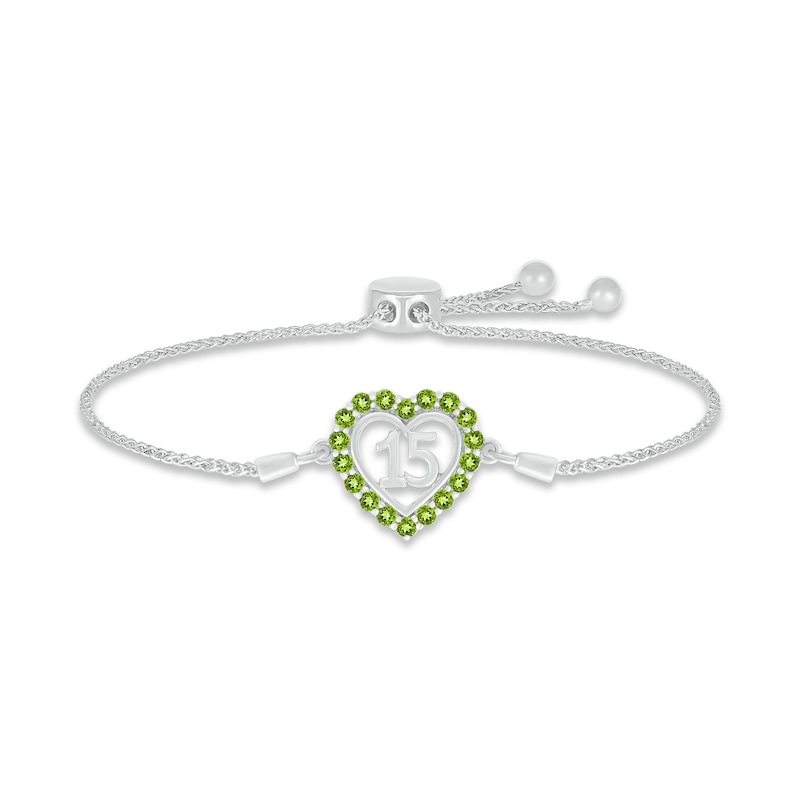 Main Image 1 of Peridot Quinceañera Heart Bolo Bracelet 10K White Gold 9.5"