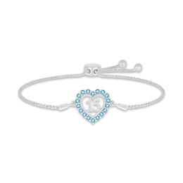 Swiss Blue Topaz Quinceañera Heart Bolo Bracelet 10K White Gold 9.5"