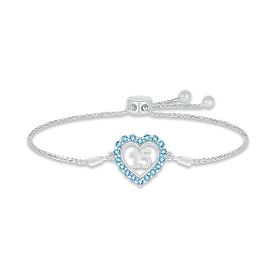 Swiss Blue Topaz Quinceañera Heart Bolo Bracelet 10K White Gold 9.5"