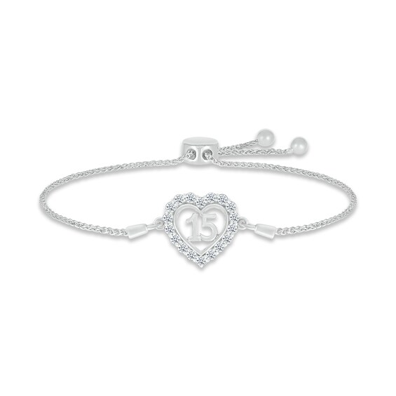 White Lab-Created Sapphire Quinceañera Heart Bolo Bracelet Sterling Silver 9.5"