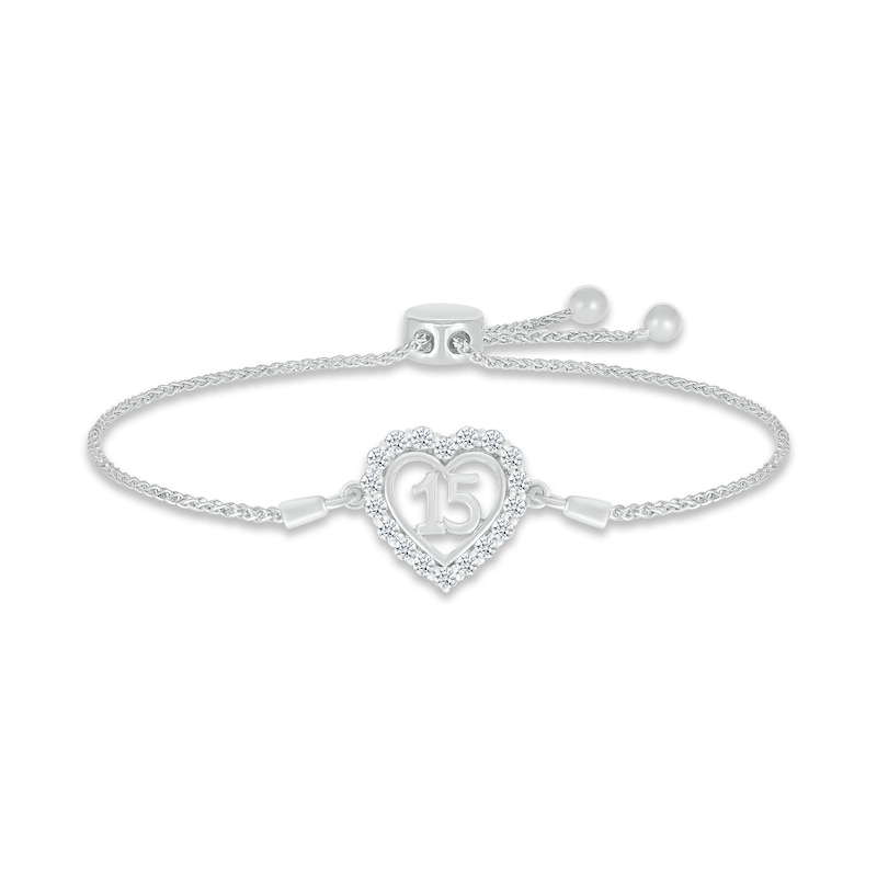 Main Image 1 of White Lab-Created Sapphire Quinceañera Heart Bolo Bracelet Sterling Silver 9.5&quot;
