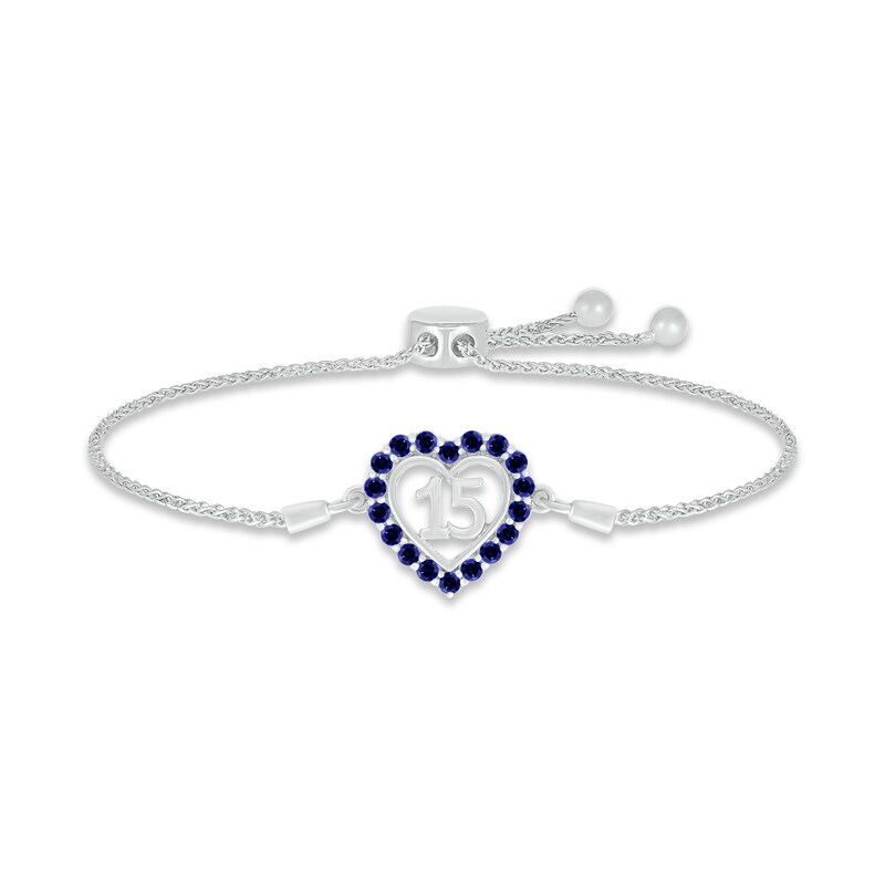 Main Image 1 of Blue Lab-Created Sapphire Quinceañera Heart Bolo Bracelet Sterling Silver 9.5"