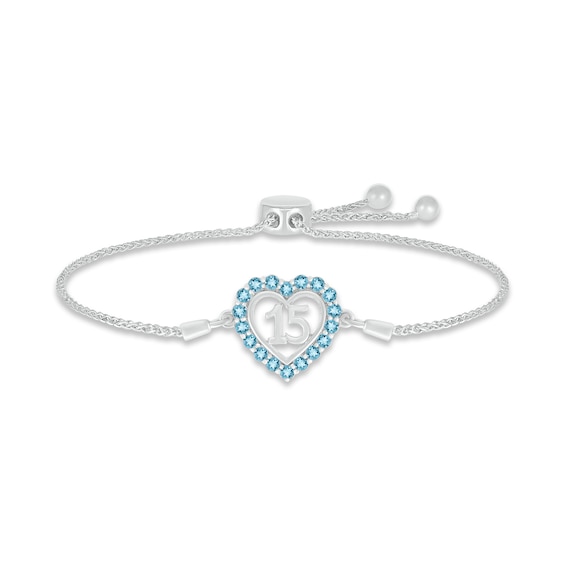 Swiss Blue Topaz Quinceañera Heart Bolo Bracelet Sterling Silver 9.5"