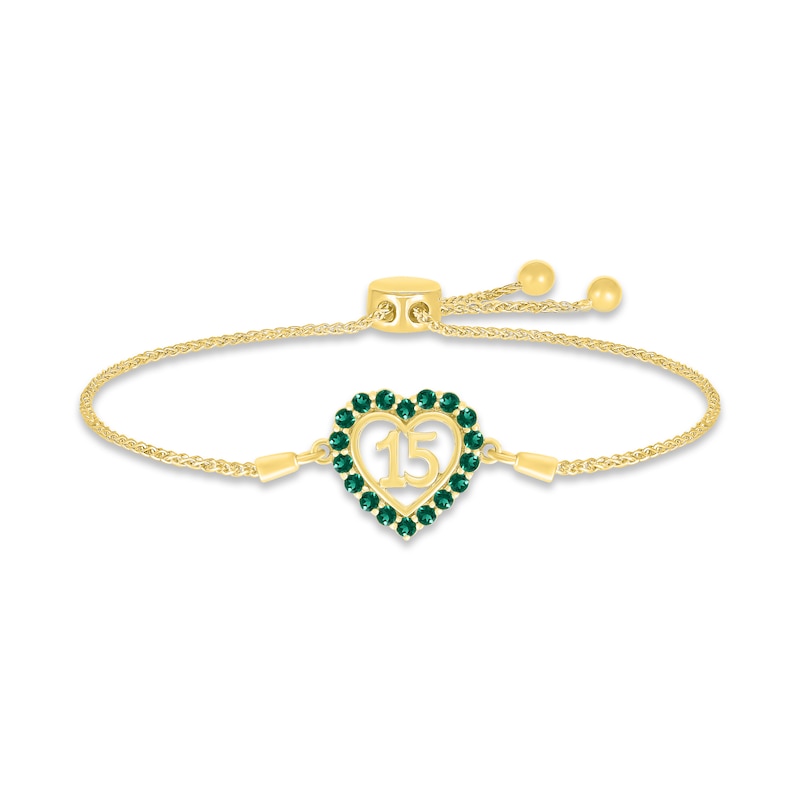 Lab-Created Emerald Quinceañera Heart Bolo Bracelet 10K Yellow Gold 9.5"