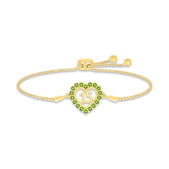 Peridot Quinceañera Heart Bolo Bracelet 10K Yellow Gold 9.5"