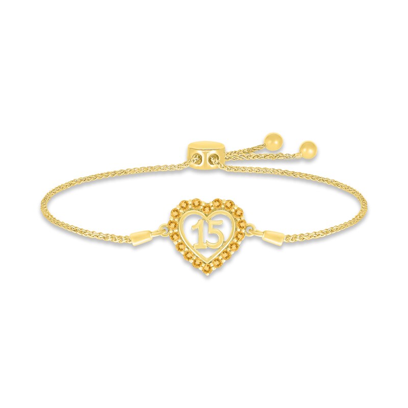 Citrine Quinceañera Heart Bolo Bracelet 10K Yellow Gold 9.5"