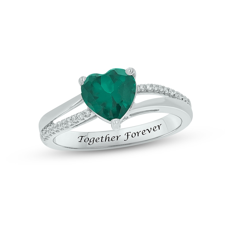 Main Image 1 of Lab-Created Emerald & Diamond Heart Promise Ring 1/10 ct tw Round-cut Sterling Silver
