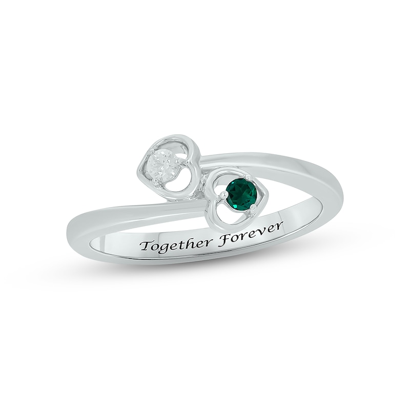 Main Image 1 of Lab-Created Emerald & Diamond Double Heart Promise Ring 1/20 ct tw Round-cut Sterling Silver