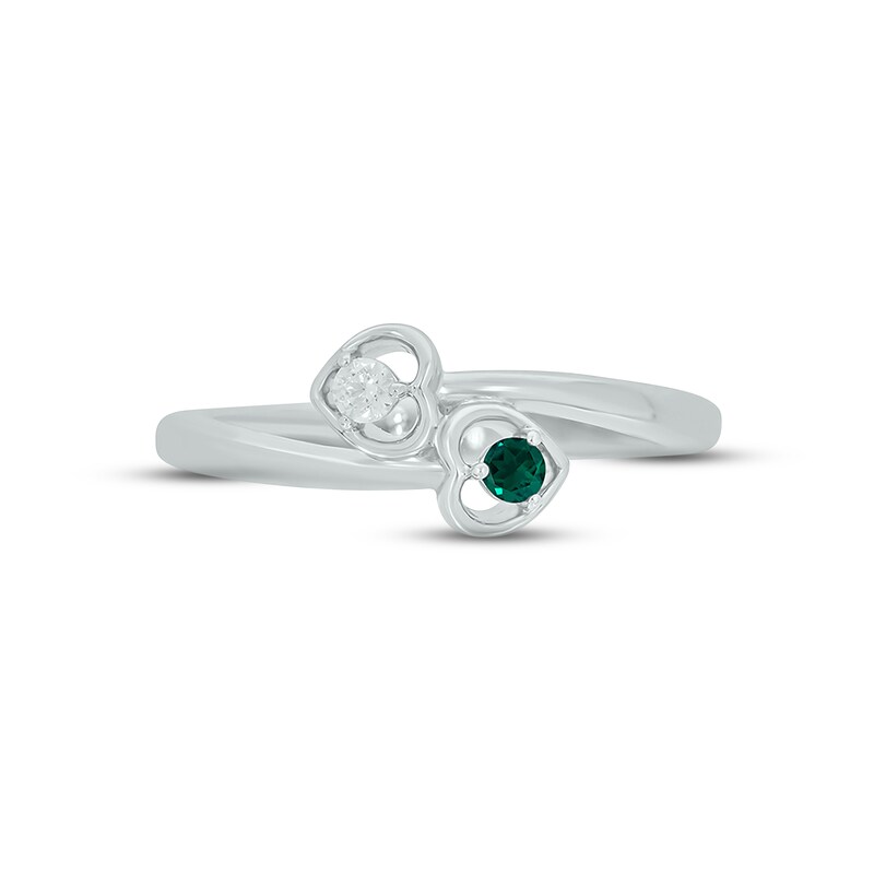 Main Image 3 of Lab-Created Emerald & Diamond Double Heart Promise Ring 1/20 ct tw Round-cut Sterling Silver
