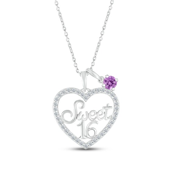 Amethyst & White Lab-Created Sapphire "Sweet 16" Necklace Sterling Silver 18"