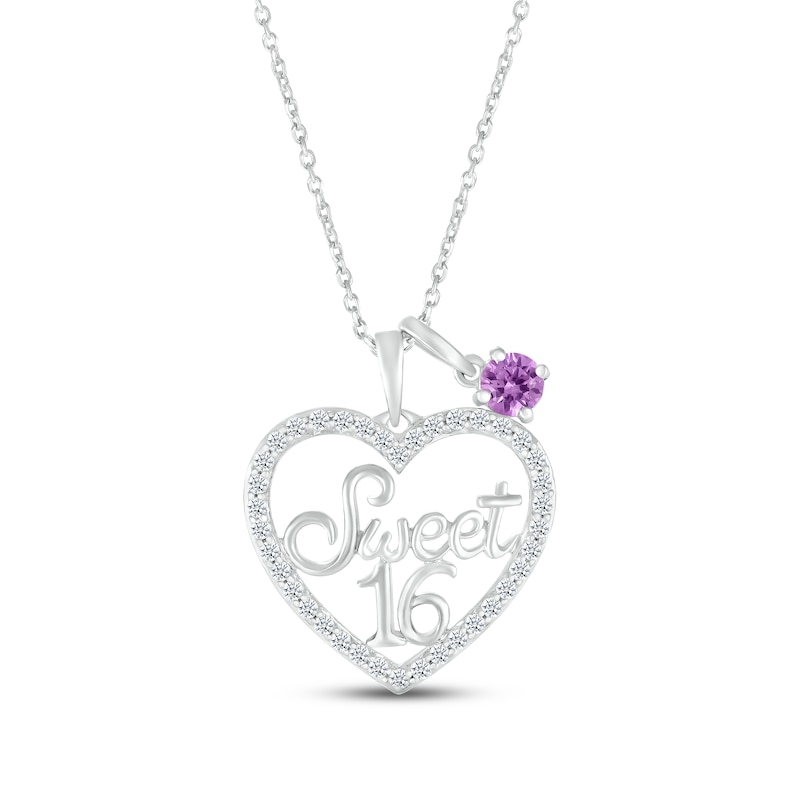 Amethyst & White Lab-Created Sapphire "Sweet 16" Necklace Sterling Silver 18"
