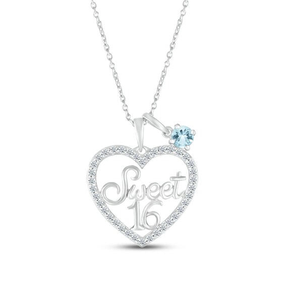 Aquamarine & White Lab-Created Sapphire "Sweet 16" Necklace Sterling Silver 18"