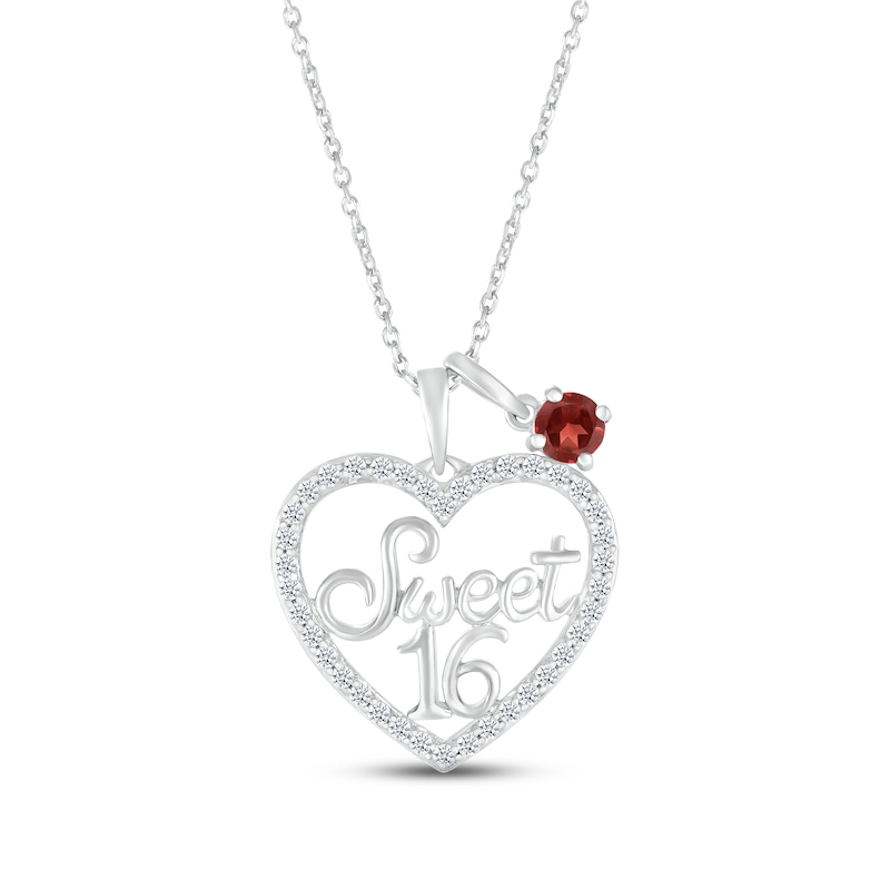 Garnet & White Lab-Created Sapphire "Sweet 16" Necklace Sterling Silver 18"