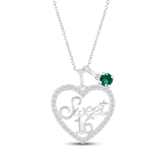 Lab-Created Emerald & White Lab-Created Sapphire "Sweet 16" Necklace Sterling Silver 18"