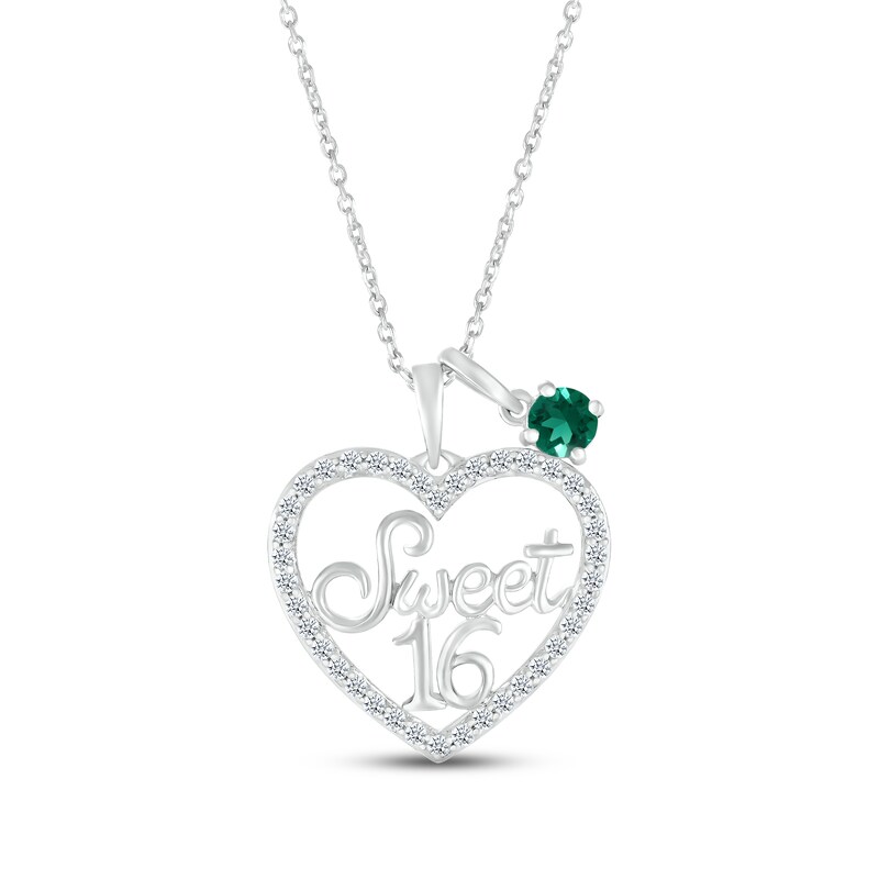 Main Image 1 of Lab-Created Emerald & White Lab-Created Sapphire &quot;Sweet 16&quot; Necklace Sterling Silver 18&quot;