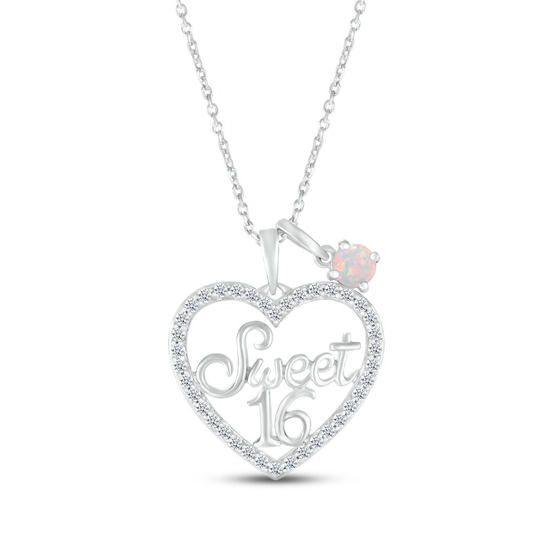 Main Image 1 of Lab-Created Opal & White Lab-Created Sapphire "Sweet 16" Necklace Sterling Silver 18"