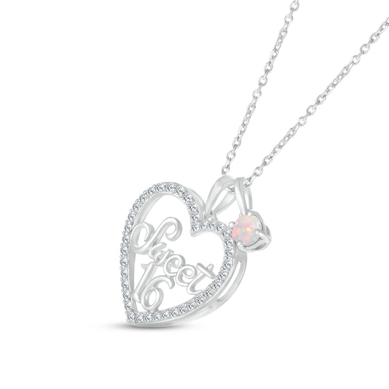 Main Image 2 of Lab-Created Opal & White Lab-Created Sapphire "Sweet 16" Necklace Sterling Silver 18"