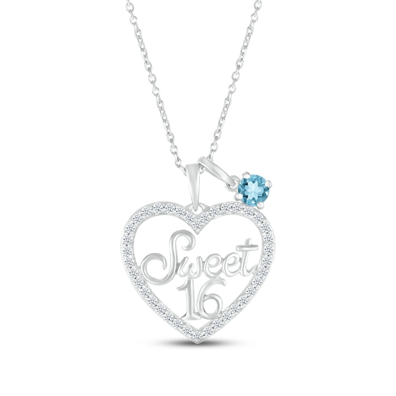 Swiss Blue Topaz & White Lab-Created Sapphire "Sweet 16" Necklace Sterling Silver 18"