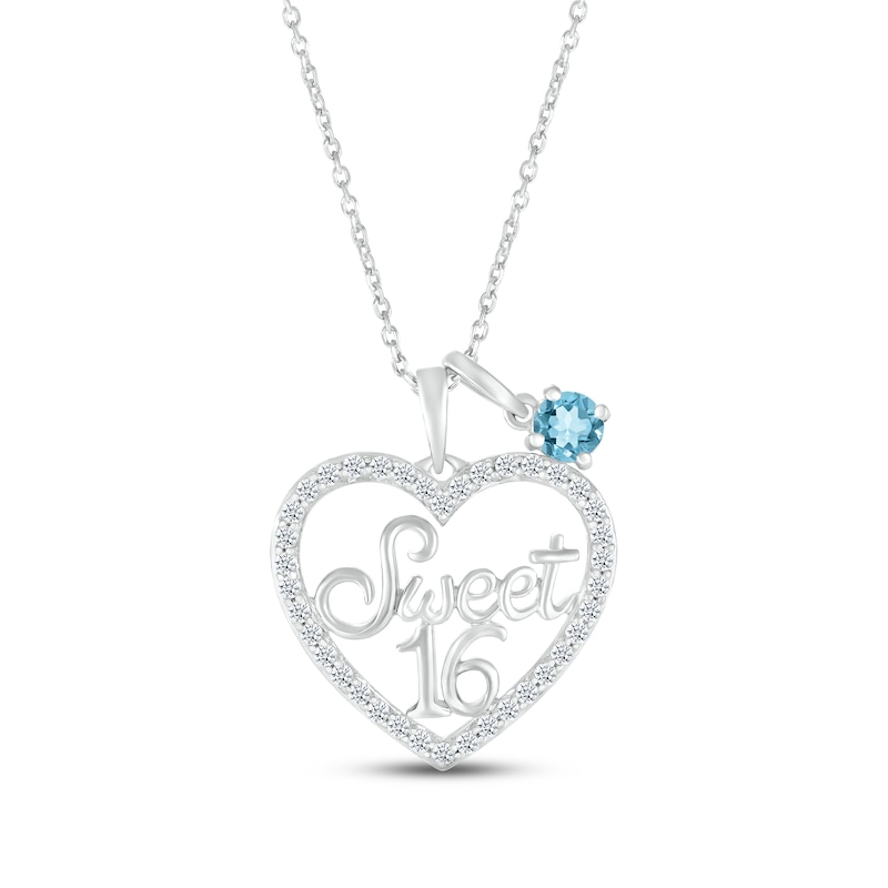 Main Image 1 of Swiss Blue Topaz & White Lab-Created Sapphire "Sweet 16" Necklace Sterling Silver 18"