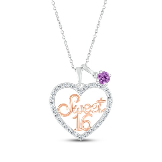 Amethyst & White Lab-Created Sapphire "Sweet 16" Necklace Sterling Silver & 10K Rose Gold 18"