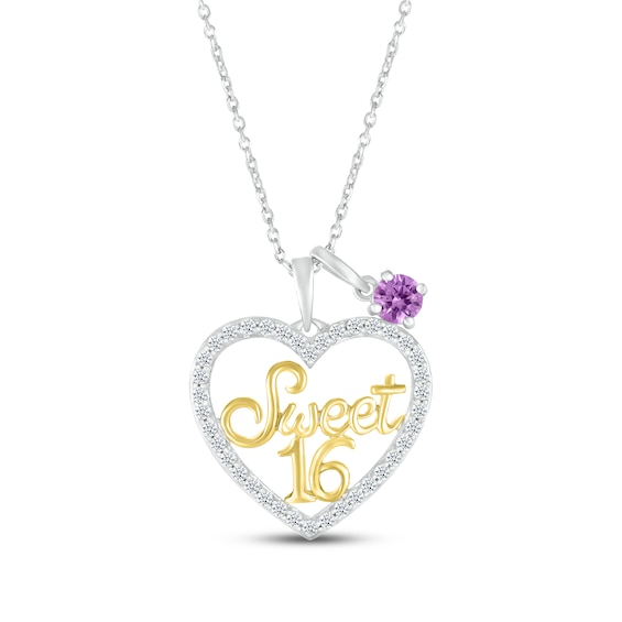 Amethyst & White Lab-Created Sapphire "Sweet 16" Necklace Sterling Silver & 10K Yellow Gold 18"