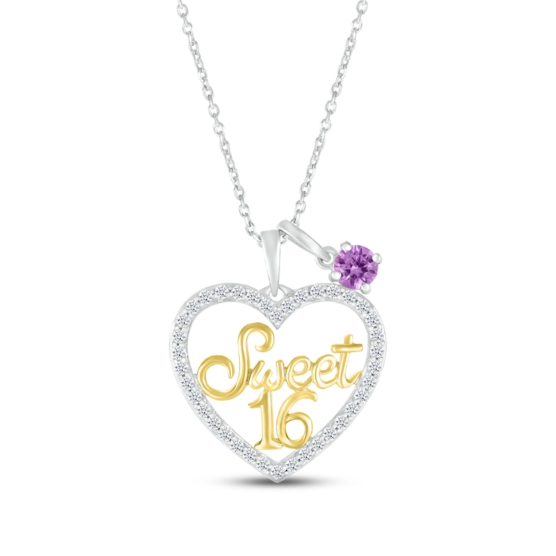 Main Image 1 of Amethyst & White Lab-Created Sapphire "Sweet 16" Necklace Sterling Silver & 10K Yellow Gold 18"