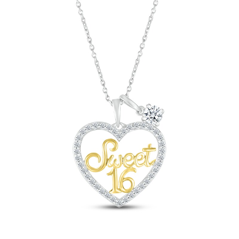 Main Image 1 of White Lab-Created Sapphire "Sweet 16" Necklace Sterling Silver & 10K Yellow Gold 18"